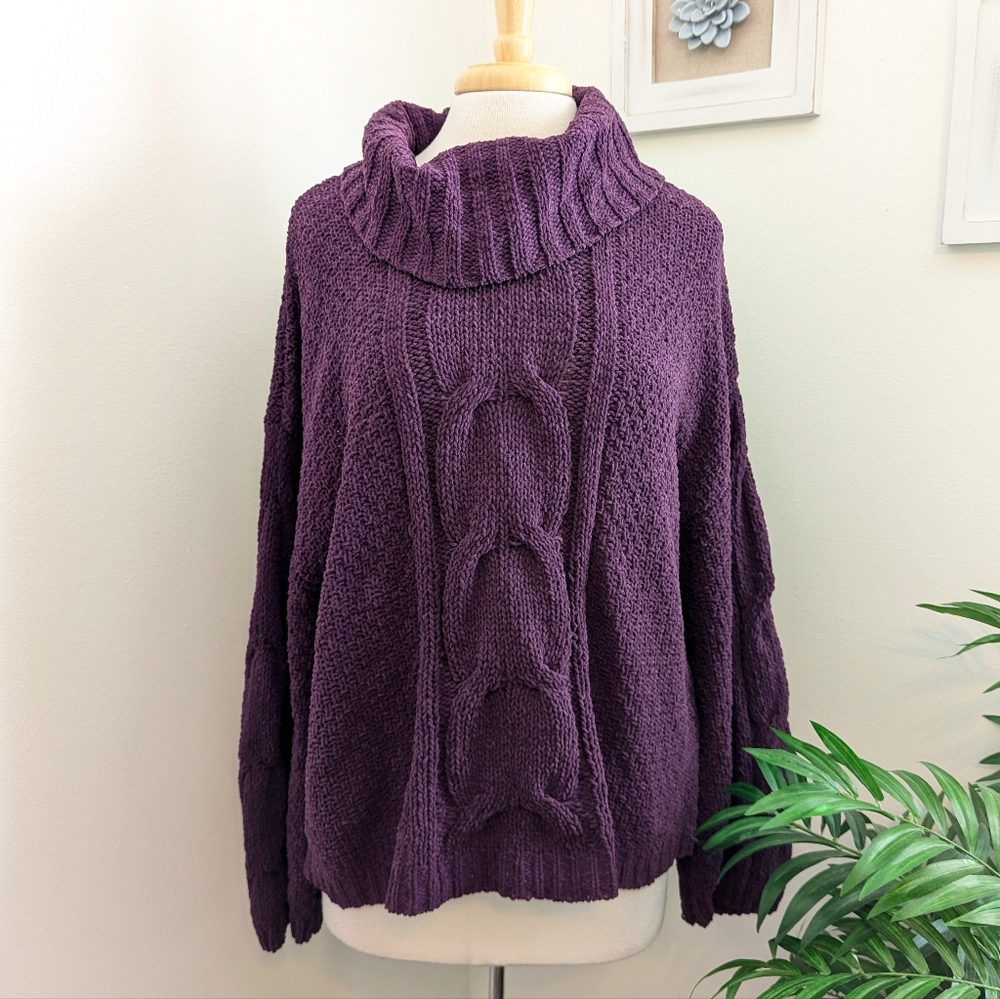Seven7 Oversized Cable Knit Cowl Neck Sweater Purple Large